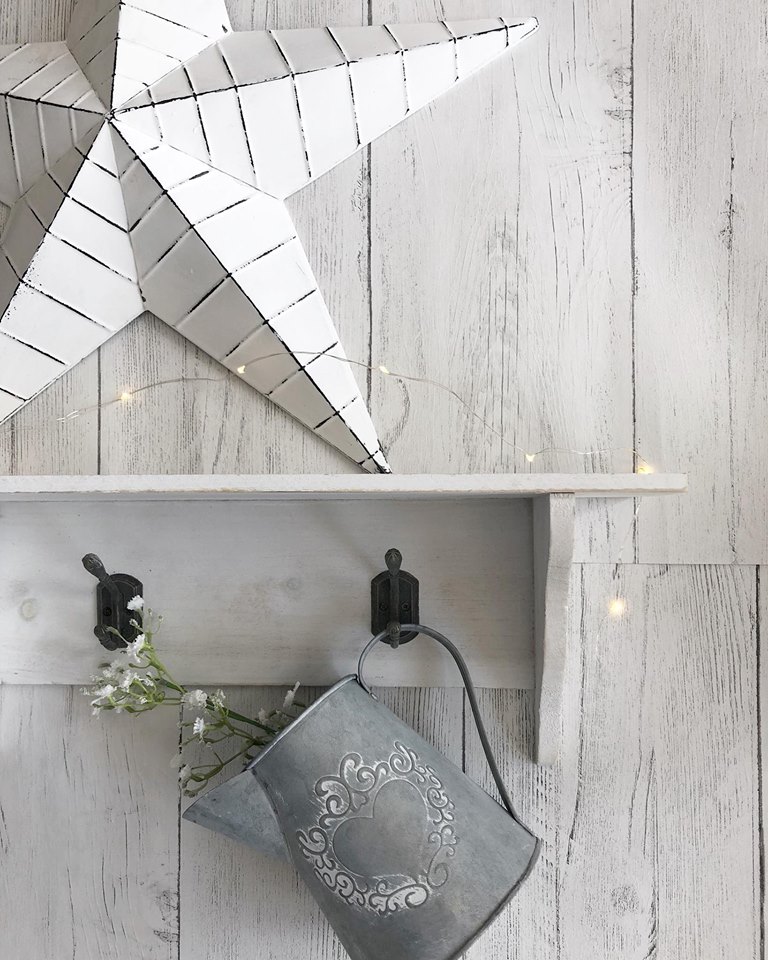 White wash rustic wall shelf with hooks Perfectly Lovely Interiors