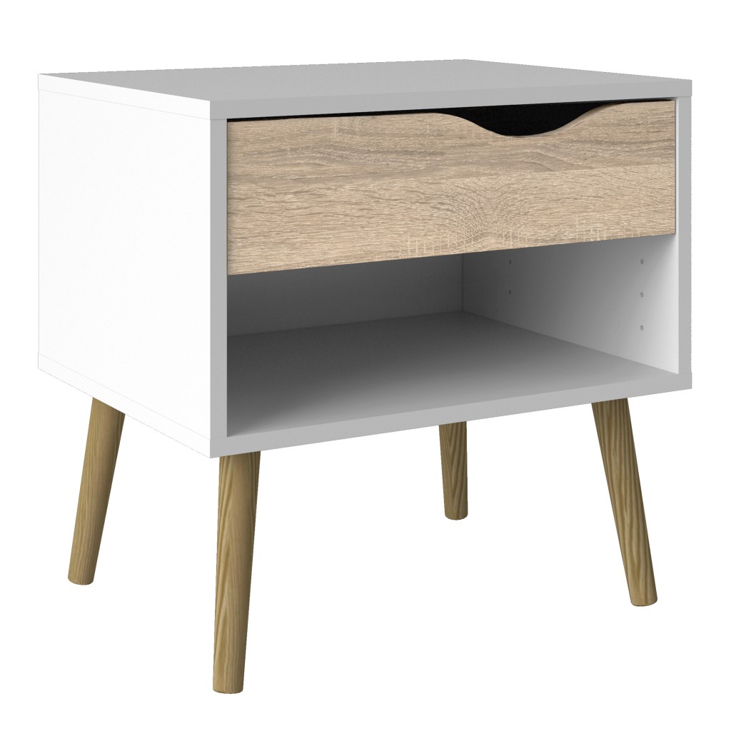 Nordic Bedside Table - White with Oak drawer