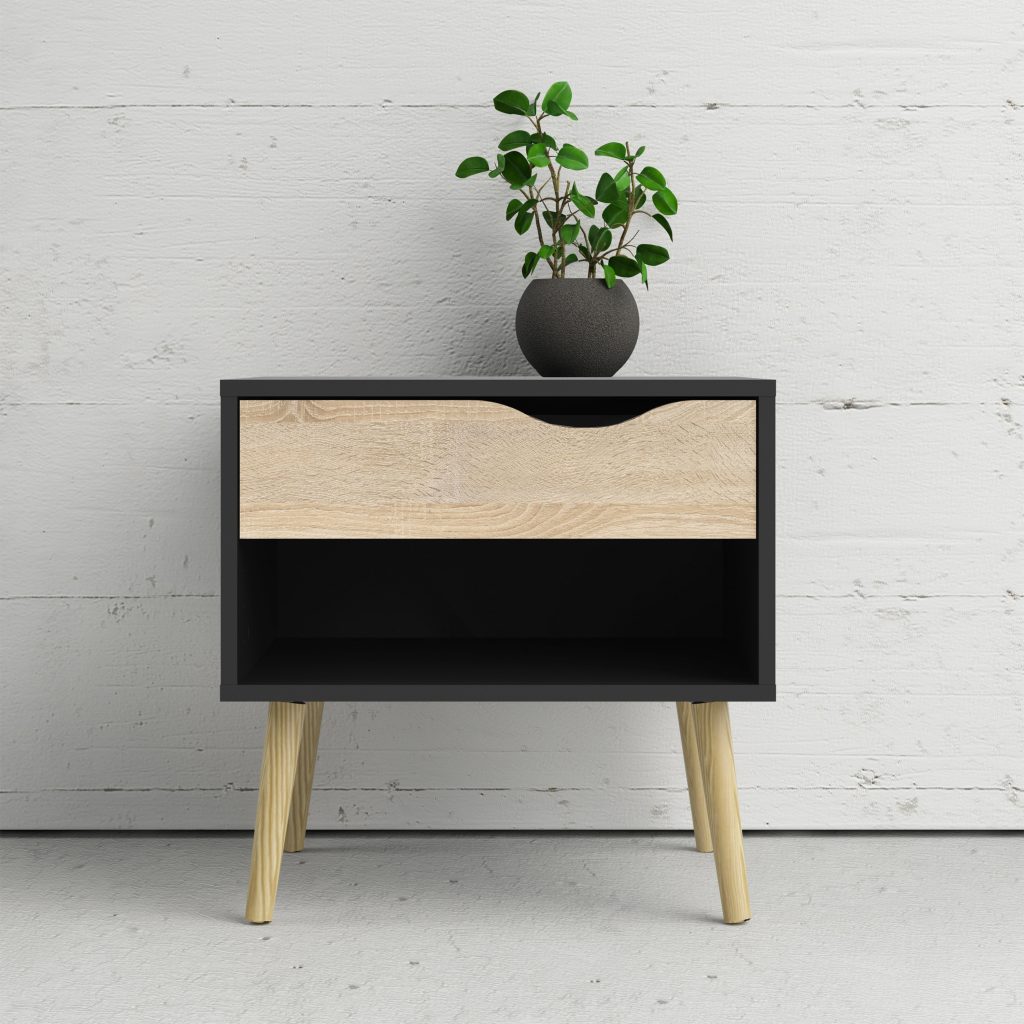 Nordic Bedside Table - Black with Oak drawer