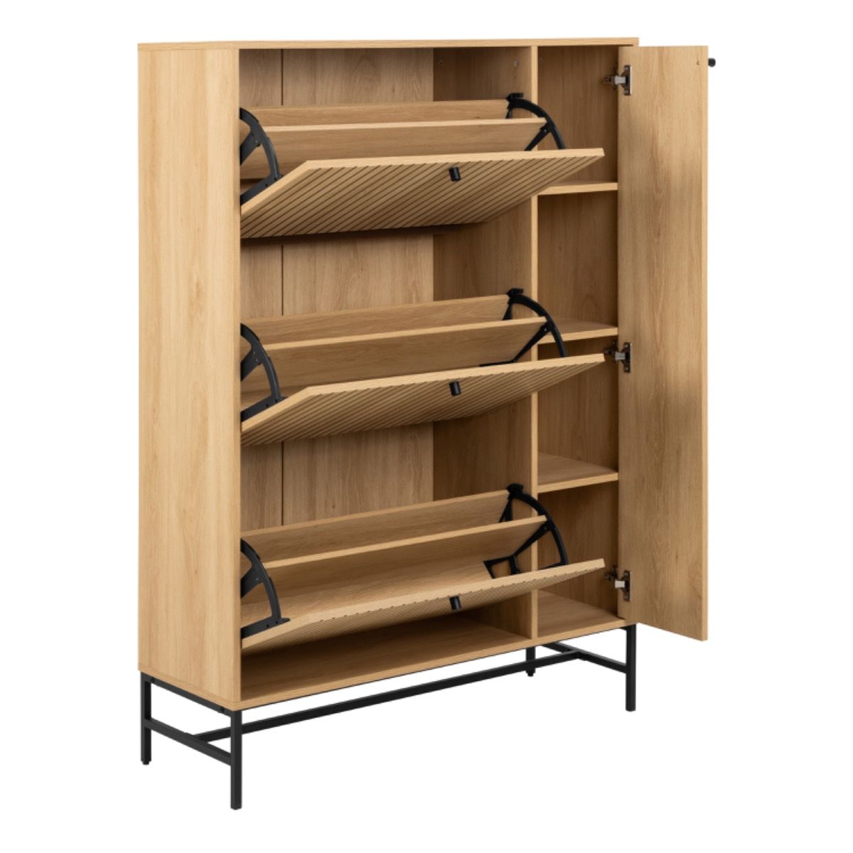 Albany Shoe Cabinet 3 Flip Down Doors 1 Pull Open Door in Oak with Black Legs - Image 3