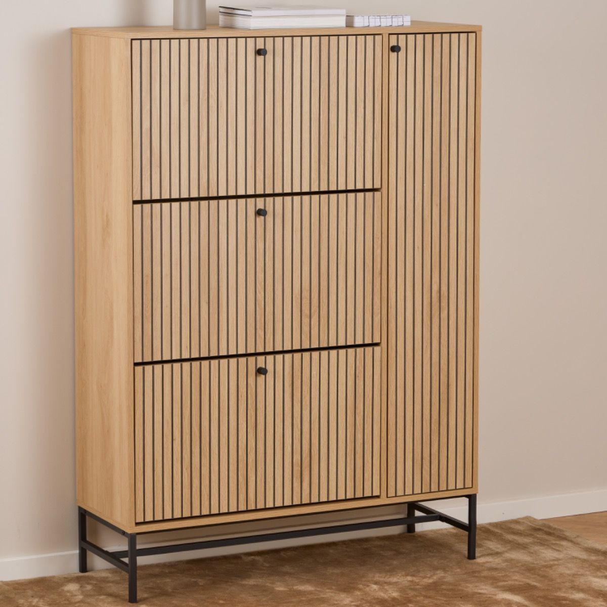 Albany Shoe Cabinet 3 Flip Down Doors 1 Pull Open Door in Oak with Black Legs - Image 5