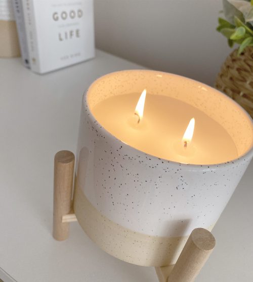 Scandi natural candle on wooden stand - Image 3
