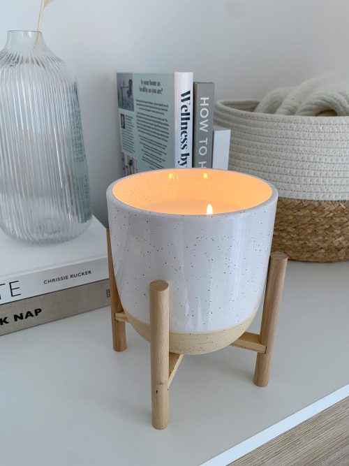 Large two tone ceramic potted candle on stand - Image 4