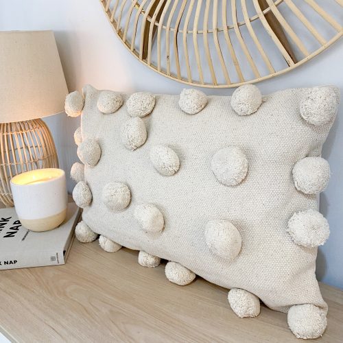 Cream pom pom large oblong cushion - Image 3