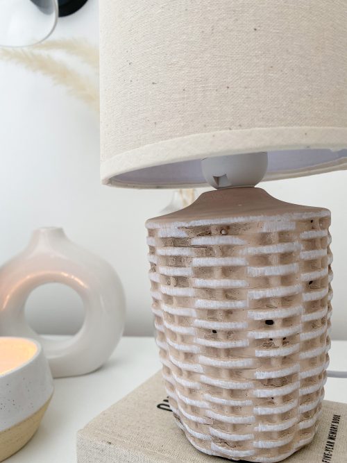 Small woven ceramic lamp with linen shade - Image 3