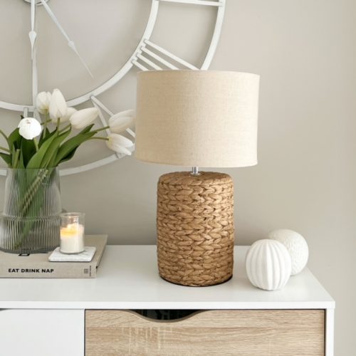 Stunning woven style heavy lamp with neutral shade