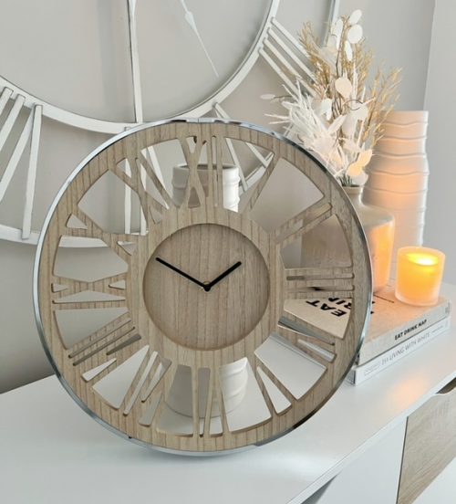Natural wood clock with silver edging