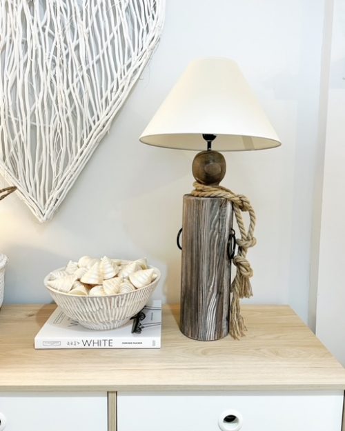 Wooden coastal 'dock post' lamp with cream shade