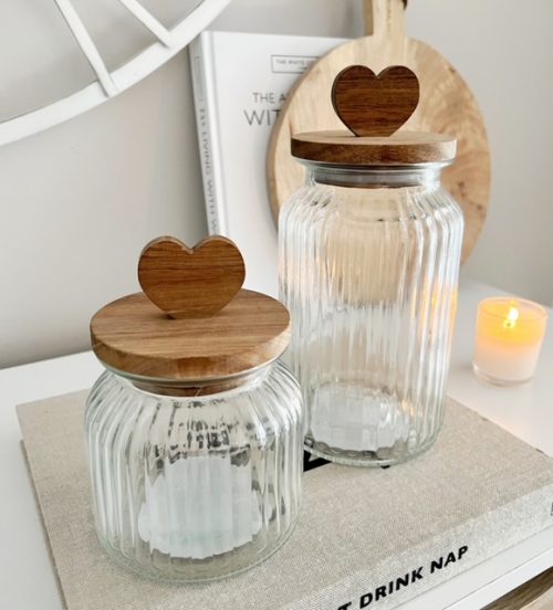 Wooden heart glass storage jars - 2 sizes