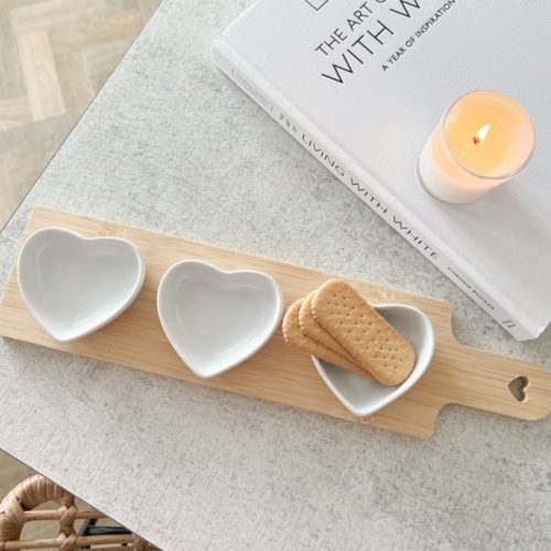 Wooden heart board with heart dishes