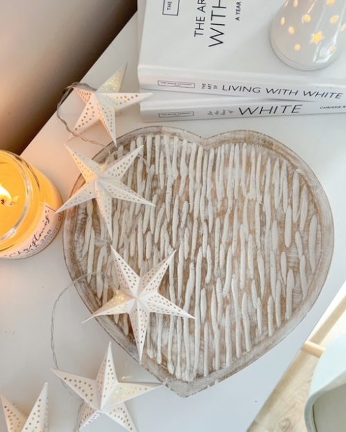 Large white washed mango wood heart tray