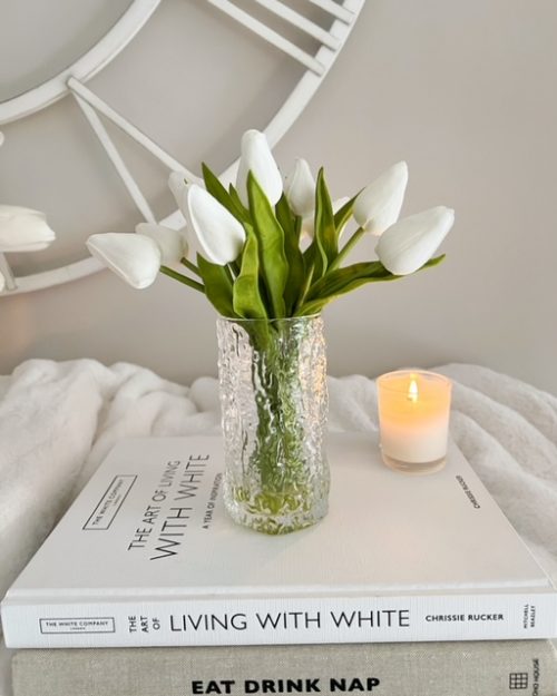 Textured glass vase with faux tulips