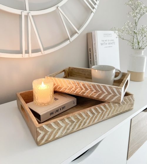 Pair of chevron decorated nesting mango wood trays