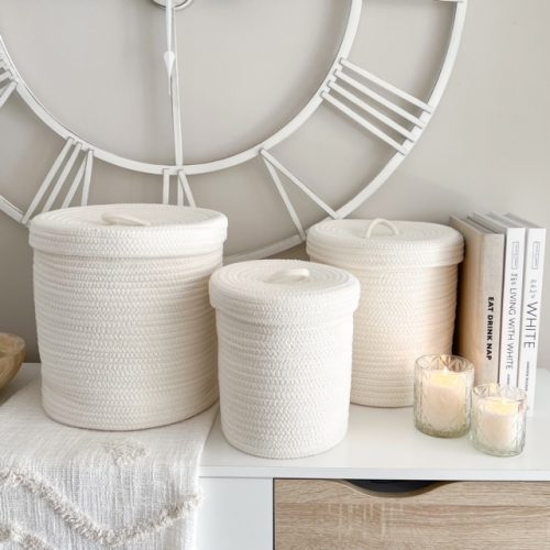 Set of 3 lidded canvas baskets