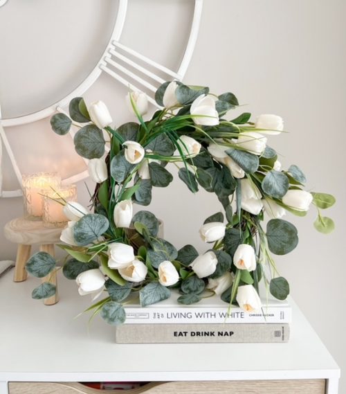 White faux tulip and eucalyptus wreath