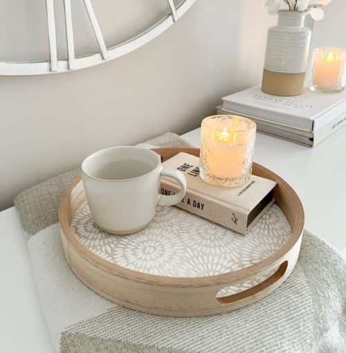 Wooden round decorative tray with handles