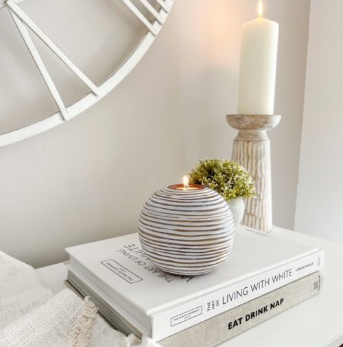 White washed stripe ball tealight holder