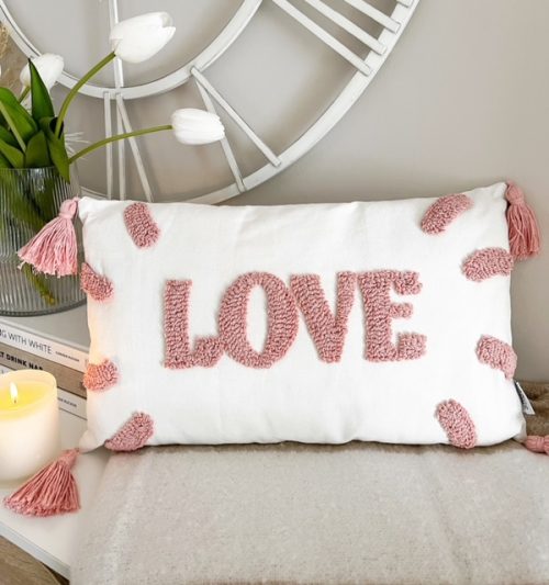 'Love' cushion with tassels