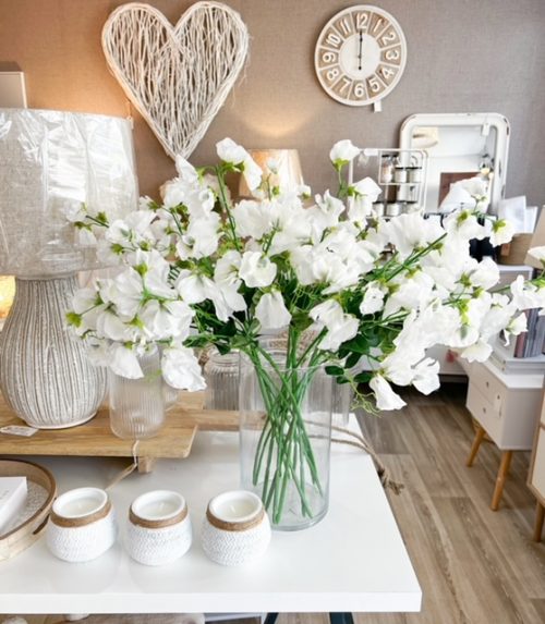 Long large stem of faux ivory sweetpeas