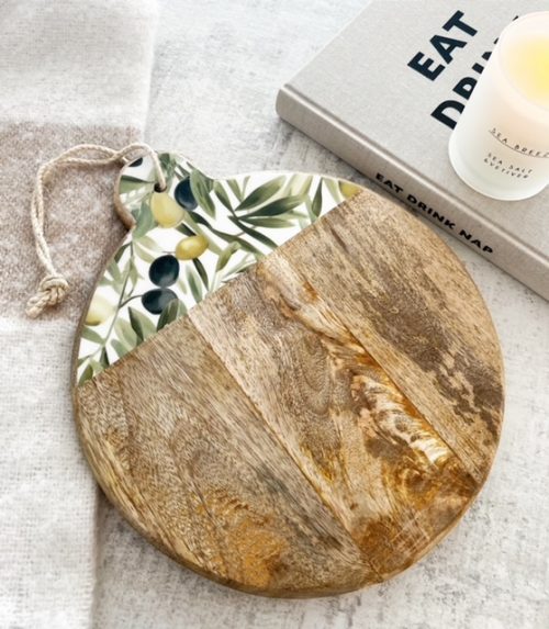 Mango wood and enamel 'Olive branch' serving board