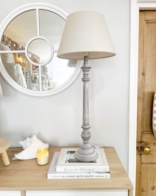 Tall grey wash wooden lamp with linen shade