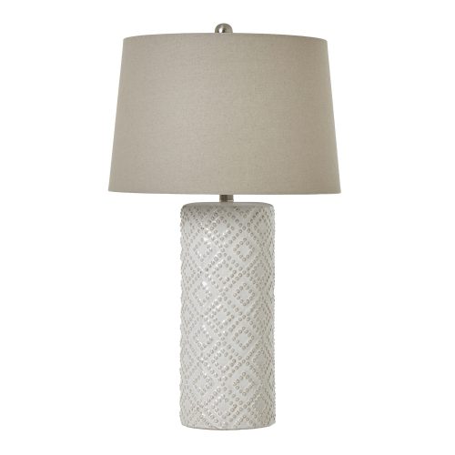 White Beaded Ceramic Lamp With Linen Shade - Image 3