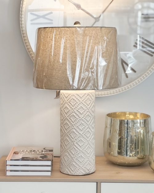 White Beaded Ceramic Lamp With Linen Shade
