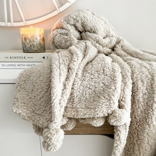 Large soft fluffy taupe pompom throw/blanket - Image 2