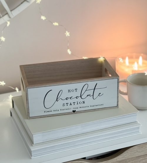 Hot chocolate station wooden crate