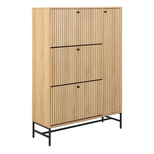 Albany Shoe Cabinet 3 Flip Down Doors 1 Pull Open Door in Oak with Black Legs