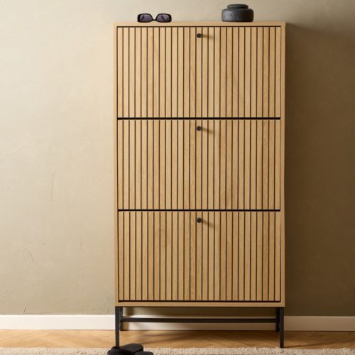 Albany Shoe Cabinet 3 Flip Down Doors in Oak with Black Legs - Image 2