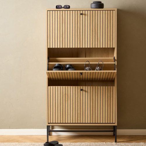 Albany Shoe Cabinet 3 Flip Down Doors in Oak with Black Legs - Image 3