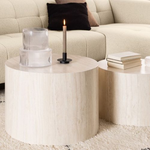 Dice Round Coffee Table Set in Light Travertine Effect - Image 5