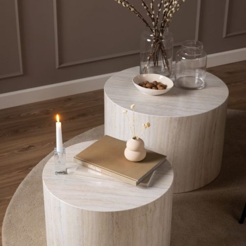 Dice Round Coffee Table Set in Light Travertine Effect - Image 3