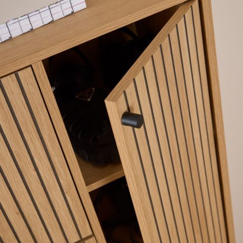 Albany Shoe Cabinet 3 Flip Down Doors 1 Pull Open Door in Oak with Black Legs - Image 7