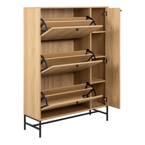 Albany Shoe Cabinet 3 Flip Down Doors 1 Pull Open Door in Oak with Black Legs - Image 3
