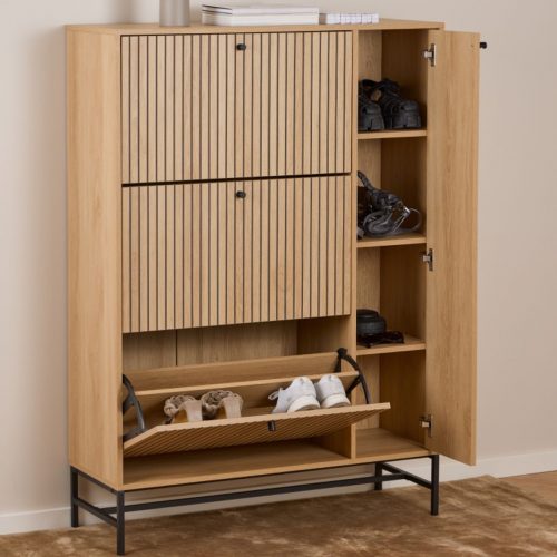 Albany Shoe Cabinet 3 Flip Down Doors 1 Pull Open Door in Oak with Black Legs - Image 6