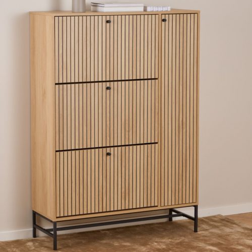 Albany Shoe Cabinet 3 Flip Down Doors 1 Pull Open Door in Oak with Black Legs - Image 5