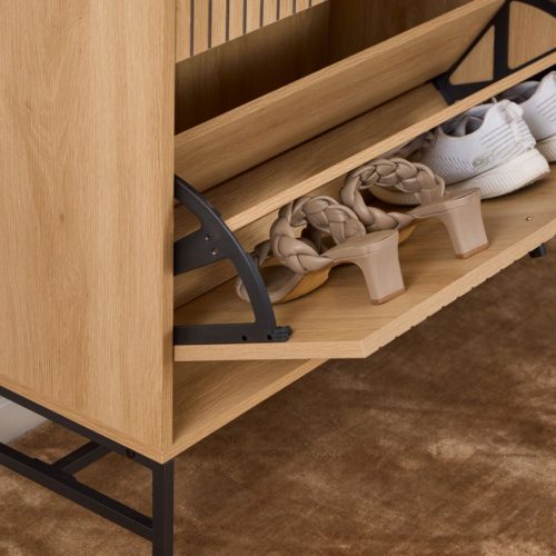 Albany Shoe Cabinet 3 Flip Down Doors 1 Pull Open Door in Oak with Black Legs - Image 8