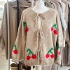 Knitted tie front cardigan with cherries - Stone
