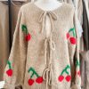 Knitted tie front cardigan with cherries - Stone - Image 2